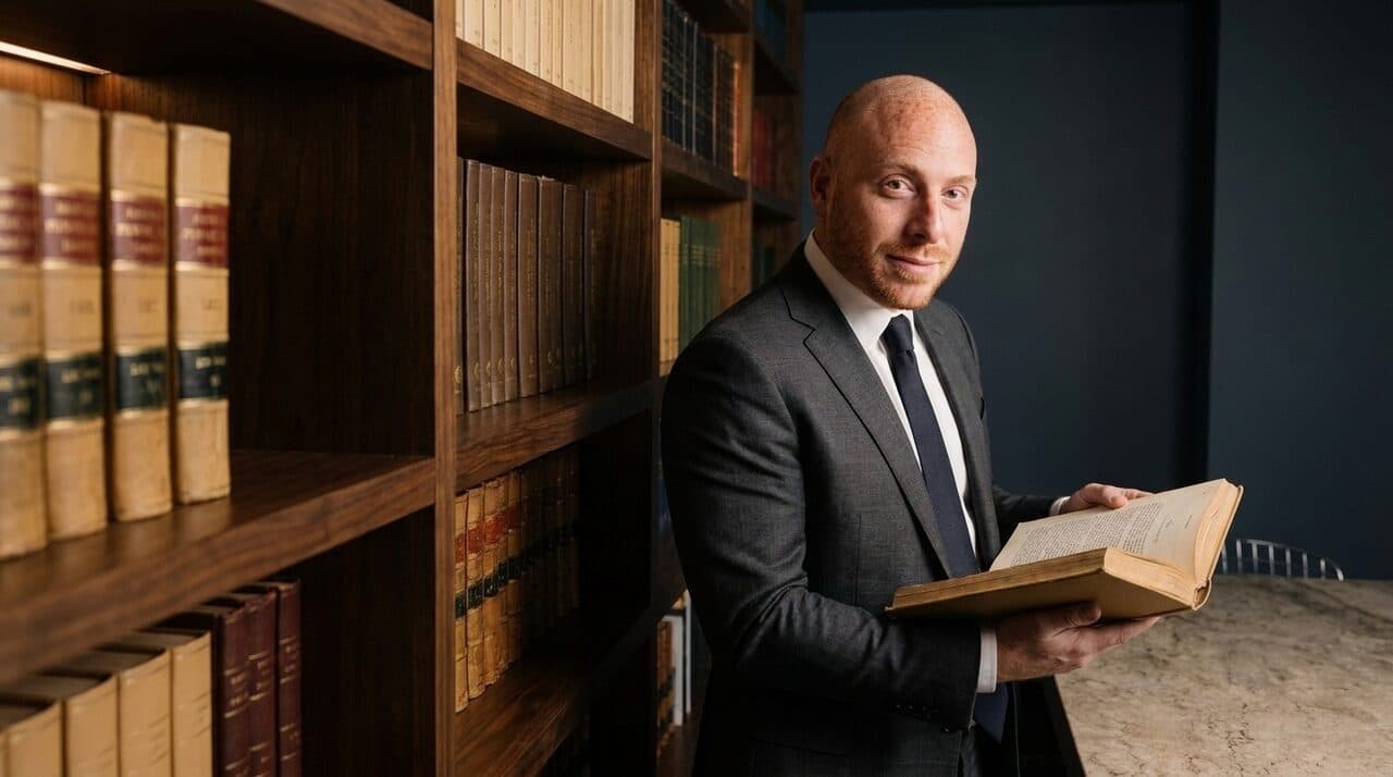 Samuel Bissu revisando un tomo en la biblioteca juridica del despacho