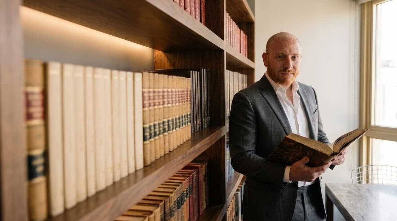 Samuel Bissu revisando un tomo en la biblioteca juridica del despacho