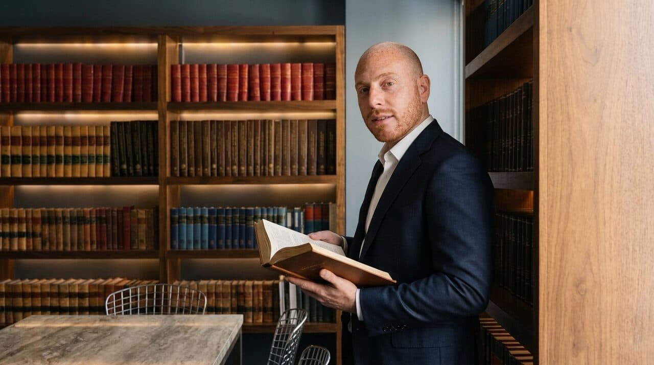 Samuel Bissu revisando un tomo en la biblioteca jurídica del despacho