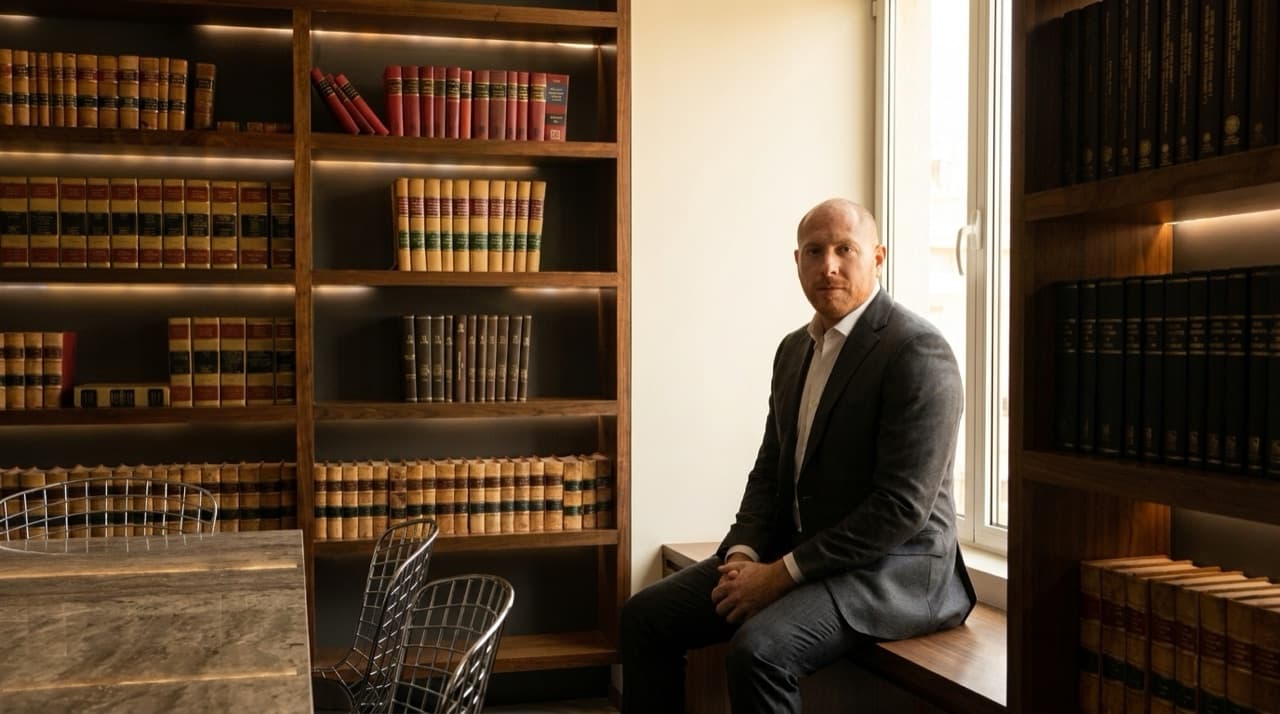 Samuel Bissu en la biblioteca juridica del despacho junto a la ventana