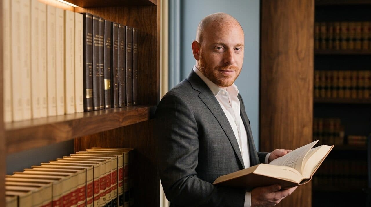 Samuel Bissu revisando un tomo en la biblioteca juridica del despacho