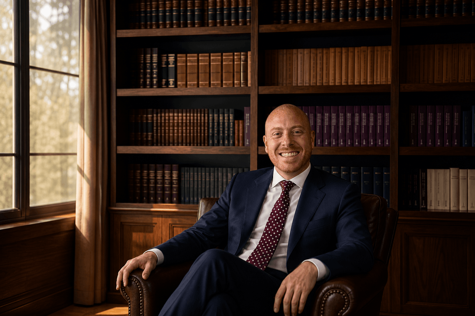Samuel Bissu en la biblioteca juridica del despacho junto a la ventana