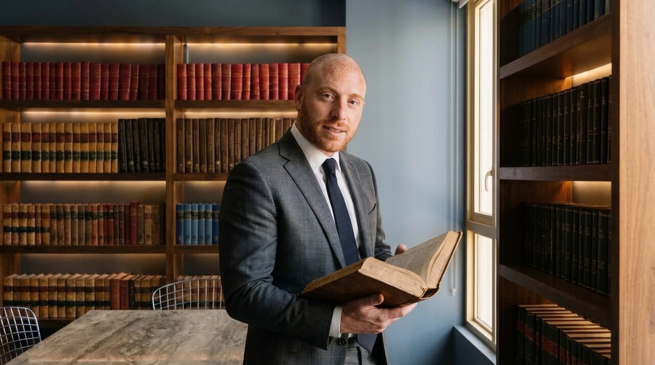 Samuel Bissu revisando un tomo en la biblioteca juridica del despacho