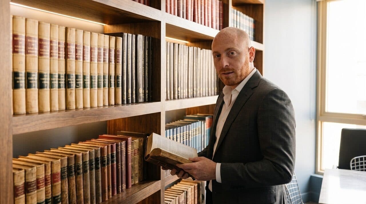 Samuel Bissu revisando un tomo en la biblioteca juridica del despacho
