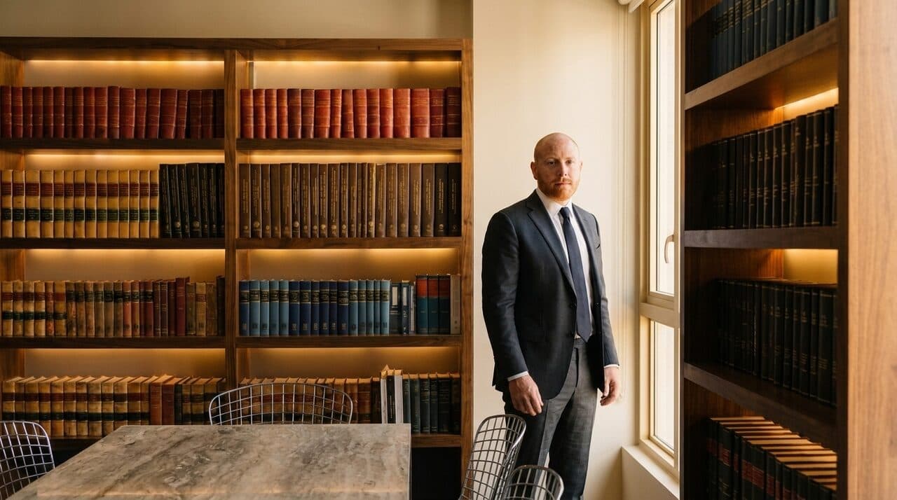Samuel Bissu en la biblioteca juridica del despacho junto a la ventana