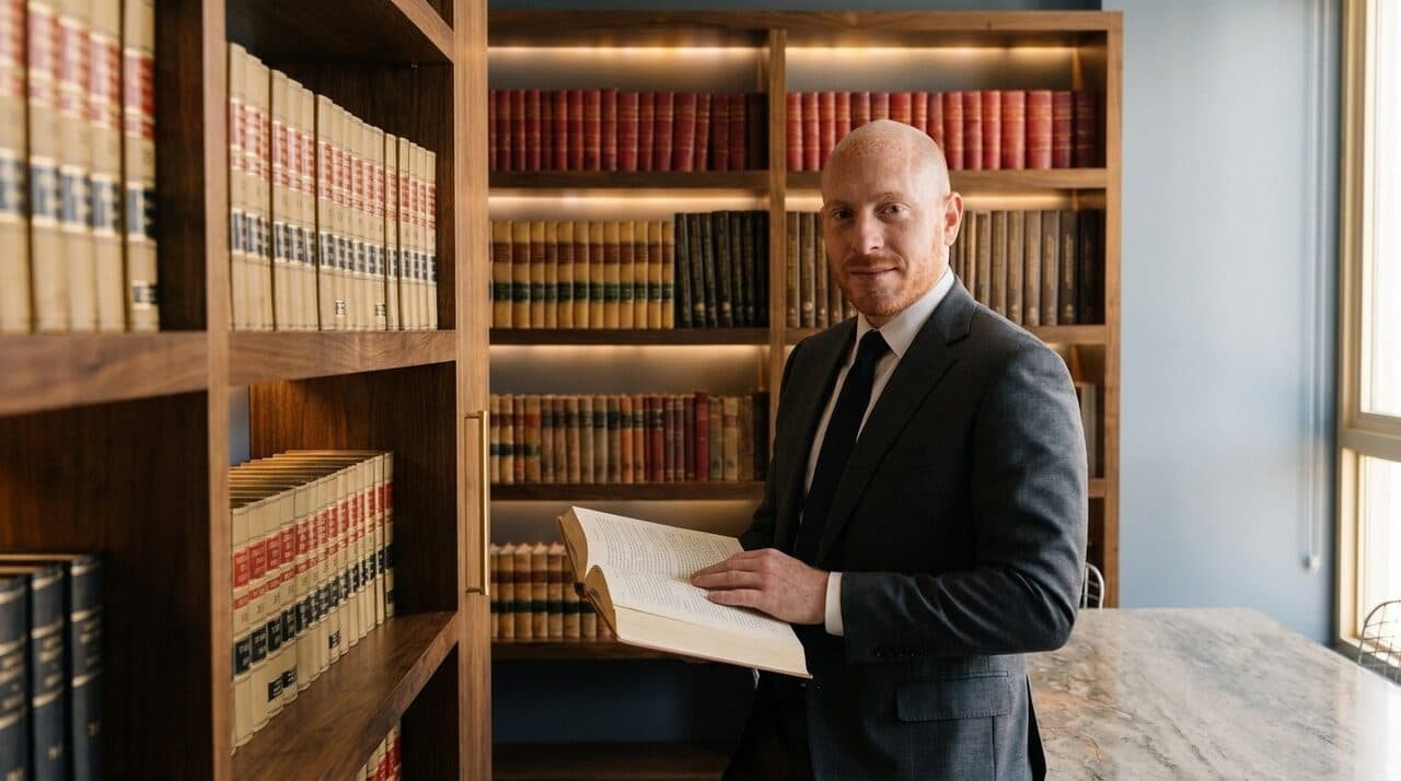 Samuel Bissu revisando un tomo en la biblioteca juridica del despacho